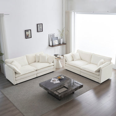 White chenille sofa set with two pieces, modern living room furniture by HouseOfZazla. Soft fabric and comfortable design.