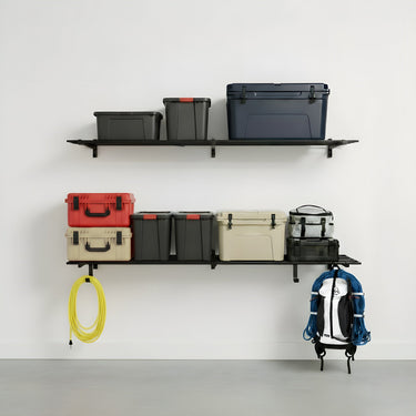 Pair of StoreYourBoard 1' x 6' Bristol garage wall mount shelves showing sturdy metal brackets and wooden shelves for organized storage.