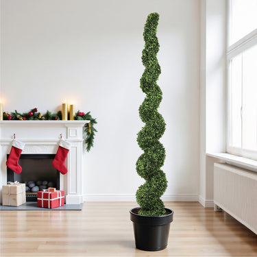 Seven-foot spiral topiary trees from HouseOfZazla, artificial outdoor faux boxwood plants with lush green foliage and decorative spiral shape.