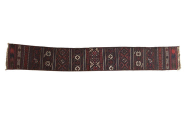 Antique Belouch Soumac rug runner by Old New House®, 1.5x10.5 feet, featuring traditional geometric patterns and rich earthy colors.