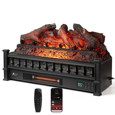 TURBRO Eternal Flame EF26-LG smart electric fireplace logs with WiFi control, realistic flame effect, black finish, and detailed log design.