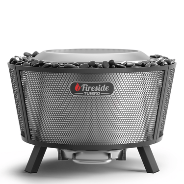 TURBRO Fireside Pluto R29 outdoor fire pit in painted black with a round bowl design and metal stand for outdoor heating.
