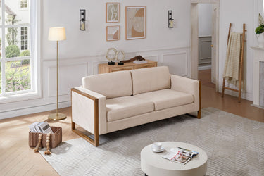 Modern HouseOfZazla 3-seater sofa with solid wood legs, upholstered in neutral fabric, showcasing a sleek, contemporary design.