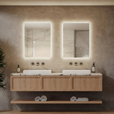 Backlit LED bathroom mirror with sleek compact design by HAUSVITA, featuring a modern minimalist style and illuminated mirror surface.