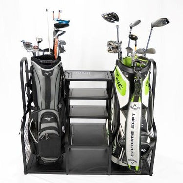 GolfBaysUSA dual golf bag display organizer with multiple compartments for efficient golf club and accessory storage.