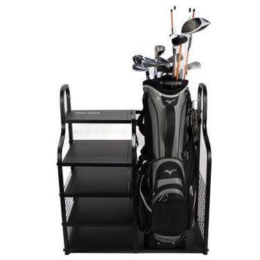 GolfBaysUSA single golf bag display storage organizer with compartments for golf equipment and accessories.