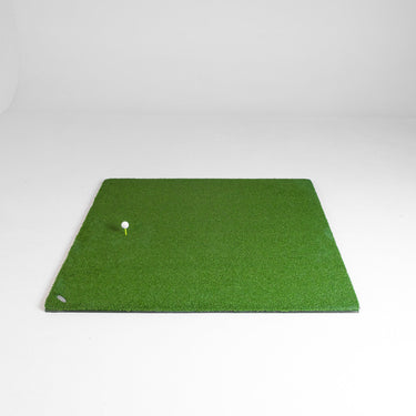 GolfbaysUSA golf hitting mat with insert tee, 4'11" x 4'11" indoor golf practice mat, durable synthetic turf surface.