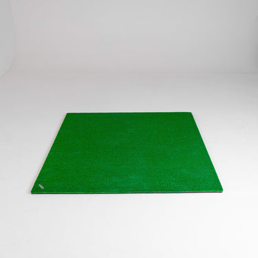 GolfbaysUSA standard golf hitting mat measuring 4'11 by 4'11, with realistic turf surface for practice and training.