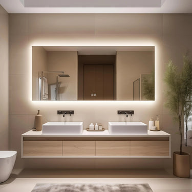 Deluxe sleek backlit LED bathroom mirror by HAUSVITA with modern design and illuminated edge for stylish bathroom decor.