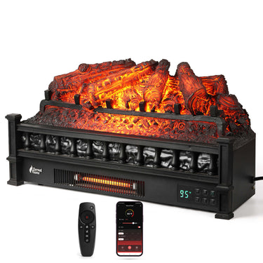 TURBRO Eternal Flame EF26-PB smart electric fireplace logs with WiFi control, realistic flame effect, black finish.