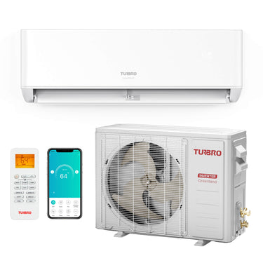 Open box TURBRO Greenland single zone WiFi mini split AC with heat pump, showing the sleek indoor unit and control panel.