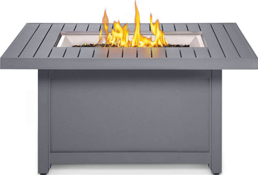 Gray rectangular Patio Elegance Hamptons Patioflame fire table with built-in flame feature and modern outdoor design.