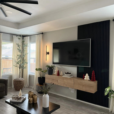 Luxury black acoustic solid wood wall panels by HAUSVITA, two panels per box, designed for stylish soundproofing and wall decoration.