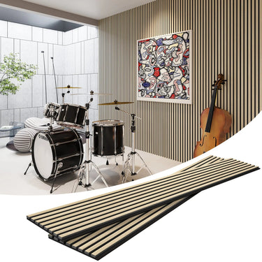 MDF acoustic slat wood wall panels by HAUSVITA, showing modern wood slat design for interior acoustic treatment.