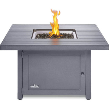 Patio Elegance Hamptons square propane fire table with 40,000 BTU outdoor fireplace for patio heating, gray finish, 42-inch square design.