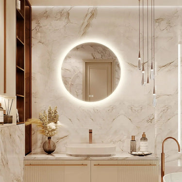 Round LED bathroom vanity mirror with dimmable lights from HAUSVITA, showing illuminated reflective surface with sleek design.
