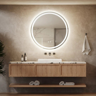 Round LED bathroom vanity mirror with dimmable backlit lights, stylish and modern for bathroom decor by HAUSVITA