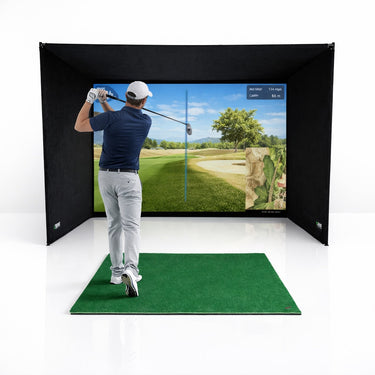 GolfbaysUSA SimBox Golf Simulator Enclosure with impact screen, frame, and free side barriers in 7 sizes for indoor golf practice.