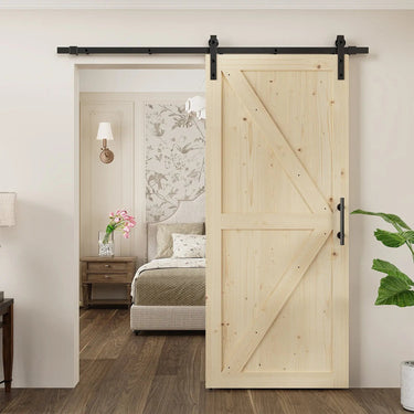 Solid pine barn doors with black track kit from HAUSVITA, featuring rustic wood panels and sliding hardware for farmhouse style.