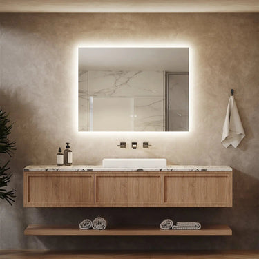 HAUSVITA sleek backlit LED bathroom mirror with modern design, featuring a clean rectangular shape and illuminated edge for style and functionality.