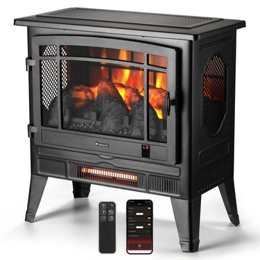TURBRO Suburbs TS25 smart electric fireplace stove heater in black with WiFi connectivity, showcasing a modern, compact design.