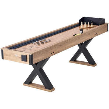 VYSN 9 ft shuffleboard and bowling combo game set with sleek wooden surface and scoring area, perfect for indoor sports and outdoor fun.