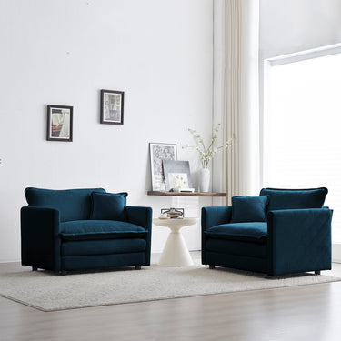 Pair of blue chenille upholstered accent chairs with armrests, set of 2, stylish and comfortable for living room decor.