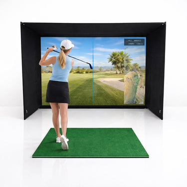 GolfBays EasySim Golf Simulator Enclosure showing a spacious, black golf enclosure with mesh sides and a sturdy frame.