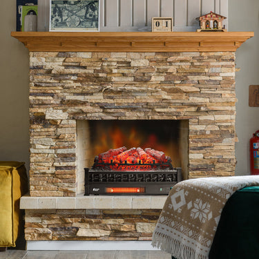 TURBRO Eternal Flame EF26-PB electric fireplace logs with realistic flame effects and wood-like appearance in a cozy living room setting.