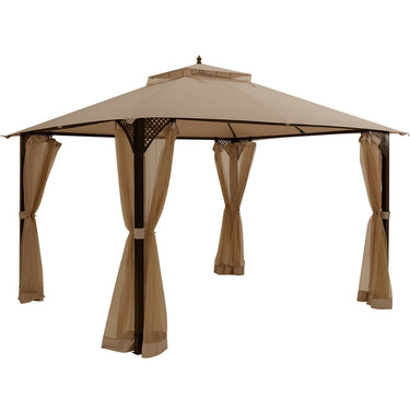 Brown outdoor double top patio gazebo with netting, 12x10 feet, by DirectDeals, showing sturdy frame and protective mesh panels.