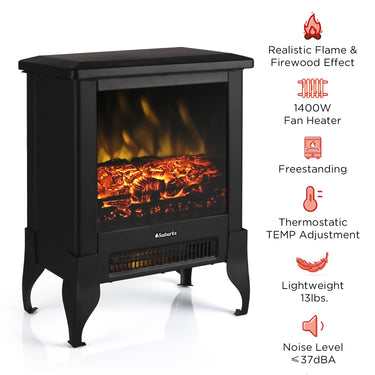 TURBRO Suburbs TS17 electric fireplace stove heater with realistic flame display and black metal body, compact heating appliance