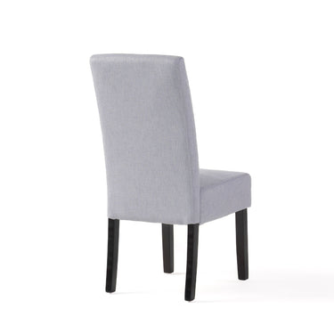 Set of two light gray Amaranthine upholstered dining chairs with high back and wood legs, by HouseOfZazla.