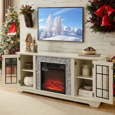 Modern 58-inch TV stand with electric fireplace and storage compartments by HouseOfZazla, featuring sleek design and contemporary style.