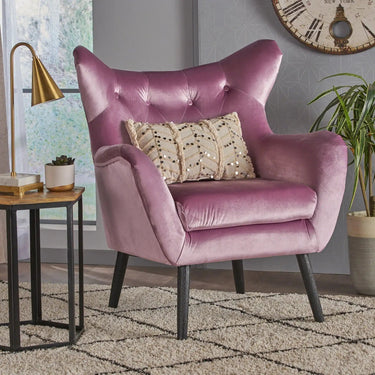 HouseOfZazla Alyssa mid-century upholstered arm chair with wingback design, showcasing plush fabric and sturdy wooden legs.