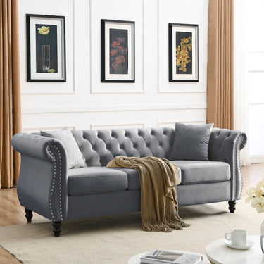 Grey velvet Chesterfield sofa measuring 80 inches, stylishly upholstered with classic button-tufted design by HouseOfZazla.