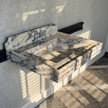 Handcrafted Calacatta Viola Marble Sink With Backsplash: Custom Bathroom Vanity (NS-065)