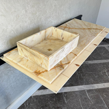 Custom Calacatta Gold Marble Sink – Handmade Natural Stone Bathroom Basin, Luxury Goldish Marble Vanity Top, Countertop and Sink (NS-084)