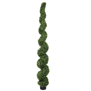 7-foot artificial spiral topiary trees from HouseOfZazla, outdoor faux boxwood plants with lush green foliage.