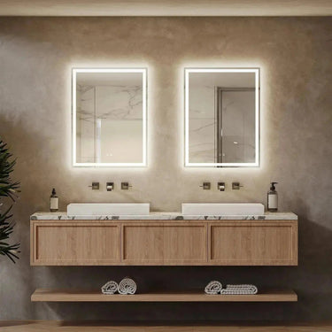 20x28 inch HAUSVITA LED bathroom mirror with center glow, sleek design, and illuminated edges for modern bathroom decor.