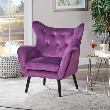 HouseOfZazla Alyssa mid-century upholstered arm chair with wingback design, featuring plush fabric and elegant wooden legs.