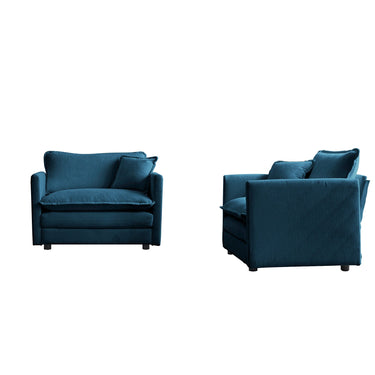 Pair of blue chenille upholstered accent chairs with armrests, stylish and comfortable for living room decor.