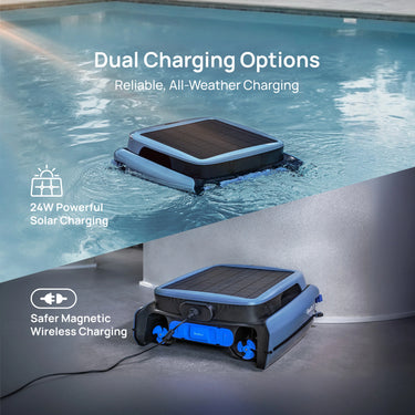 Beatbot iSkim Ultra robotic pool skimmer robot cleaning pool debris and leaves efficiently in a modern outdoor swimming pool.