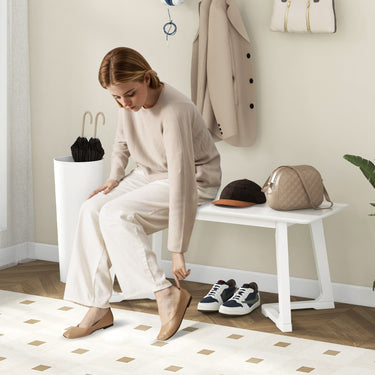 42 Inch Modern Entryway Bench Long Dining Bench with Rubber Wood Legs-White