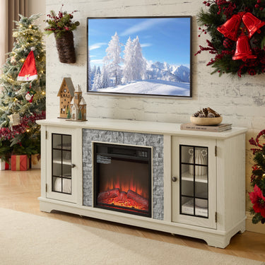Modern 58-inch TV stand with built-in electric fireplace and storage compartments by HouseOfZazla, featuring sleek design and wood finish.