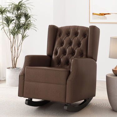 Dark brown Amedou contemporary tufted wingback rocking chair with plush upholstery and wooden base, designed for comfort and style.