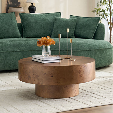 Round coffee table with burl wood veneer top, 31.49 inches in diameter, by HouseOfZazla, showcasing a stylish and modern design.