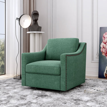 HouseOfZazla 360-degree swivel armchair with cotton linen fabric and brass nail detailing, stylish accent chair for modern interiors.
