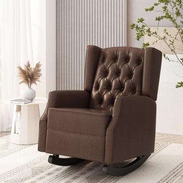 Dark brown Amedou contemporary tufted wingback rocking chair with plush upholstery and wooden rocker base.
