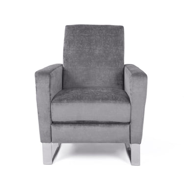 Gray Bolt upholstered recliner chair with stainless steel base, modern design, and chrome accents from HouseOfZazla.