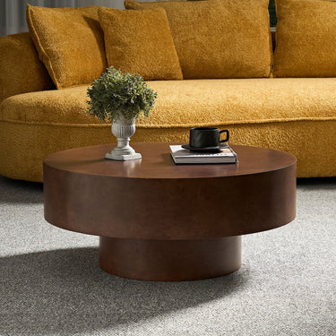 HouseOfZazla 31.49-inch round coffee table with faux burl wood pattern and sturdy pedestal base, ideal for living room decor.